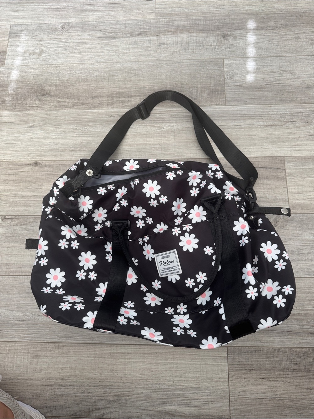 Black Daisy Print Weekend Tote Bag